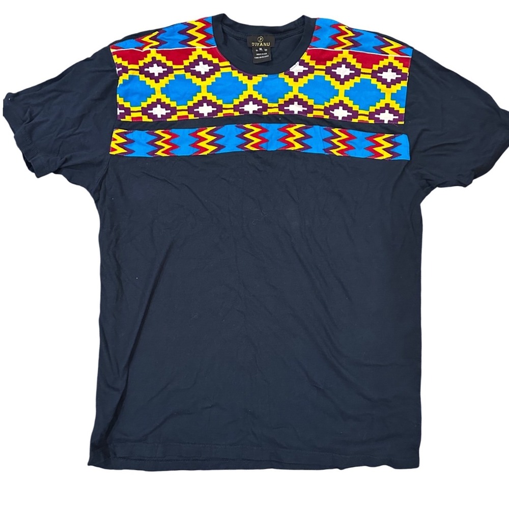D'IYANU Mens XL Navy Blue African Print Applique Cotton T-Shirt Made in USA